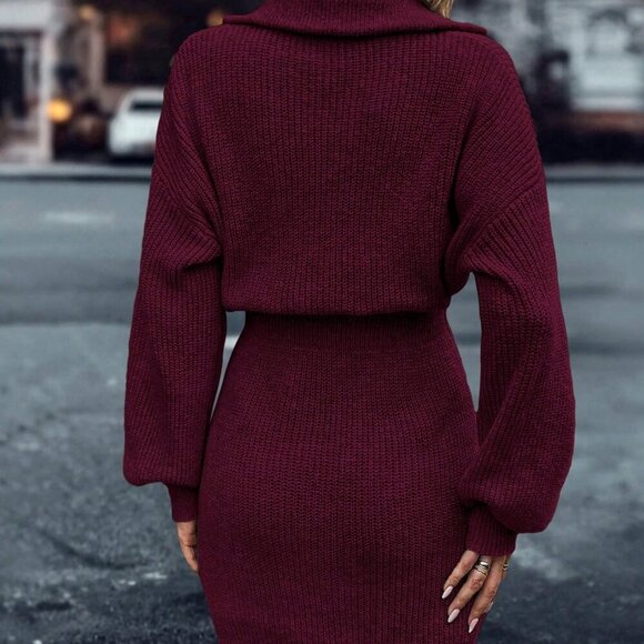 Burgundy Casual Women's Quarter Zip Drop Shoulder knit Sweater mini Dress - Picture 4 of 6
